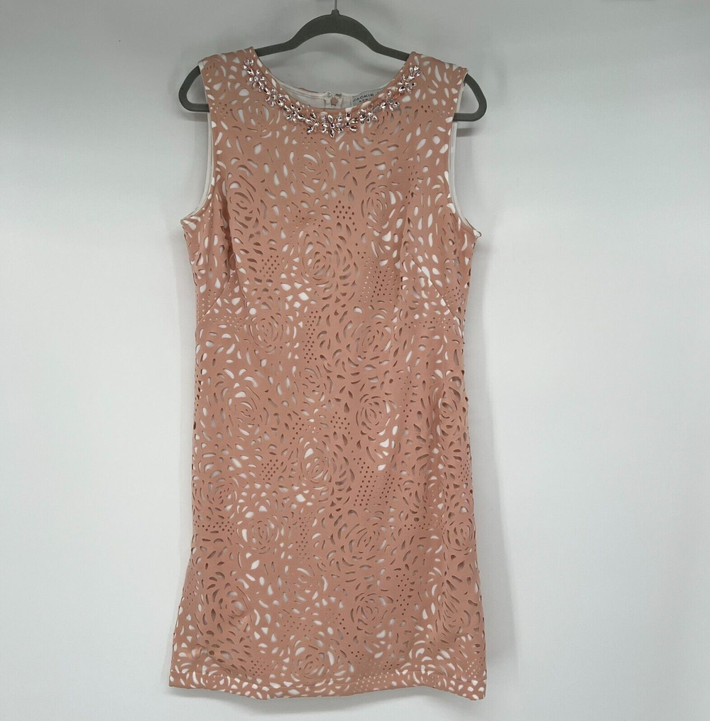 Jackie Jon New York Womens Dress 16 Pink Laser Cut with White Lining Sleeveless